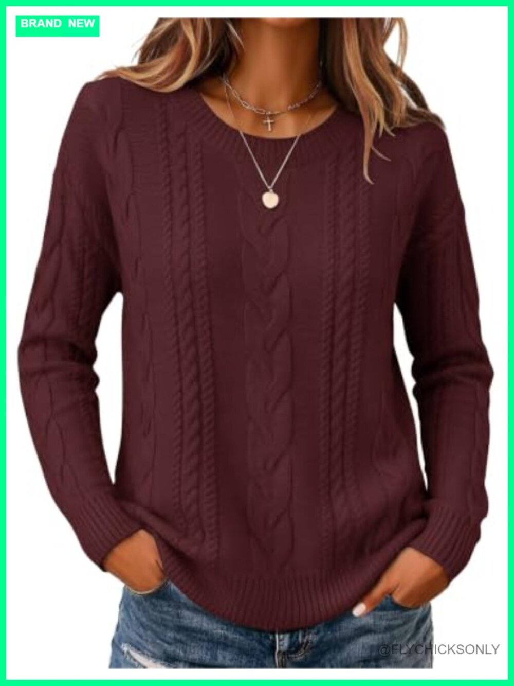 Cable Knit Sweater Women Loose Fit Chunky Pullover Crew Neck